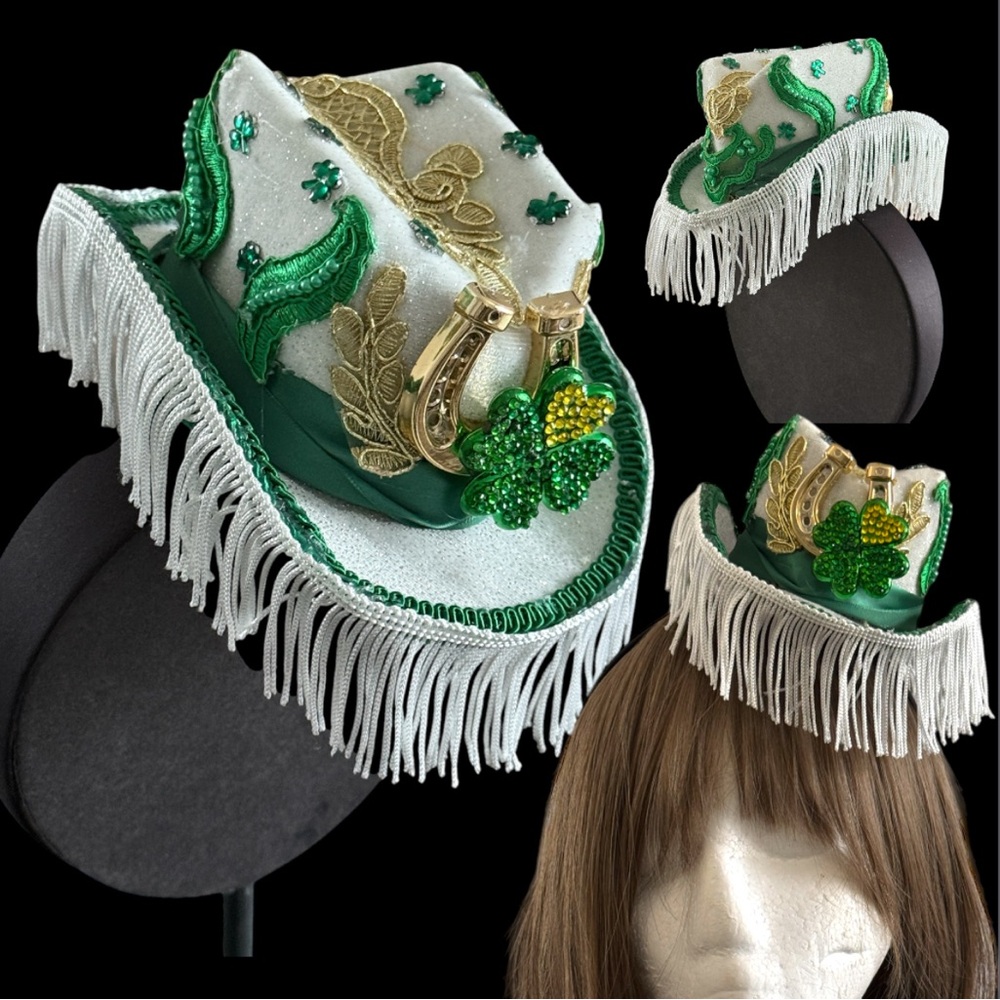 Cowboy Hat Headband, Green/Gold Decorative Women's Hat, St. Patrick’s Day ☘️